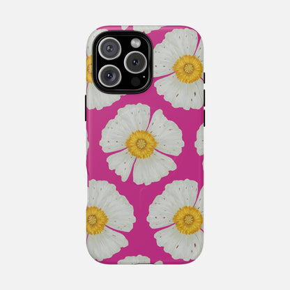 Vibrant pink phone case with white daisy flowers and yellow centers, stylish floral design for iPhone