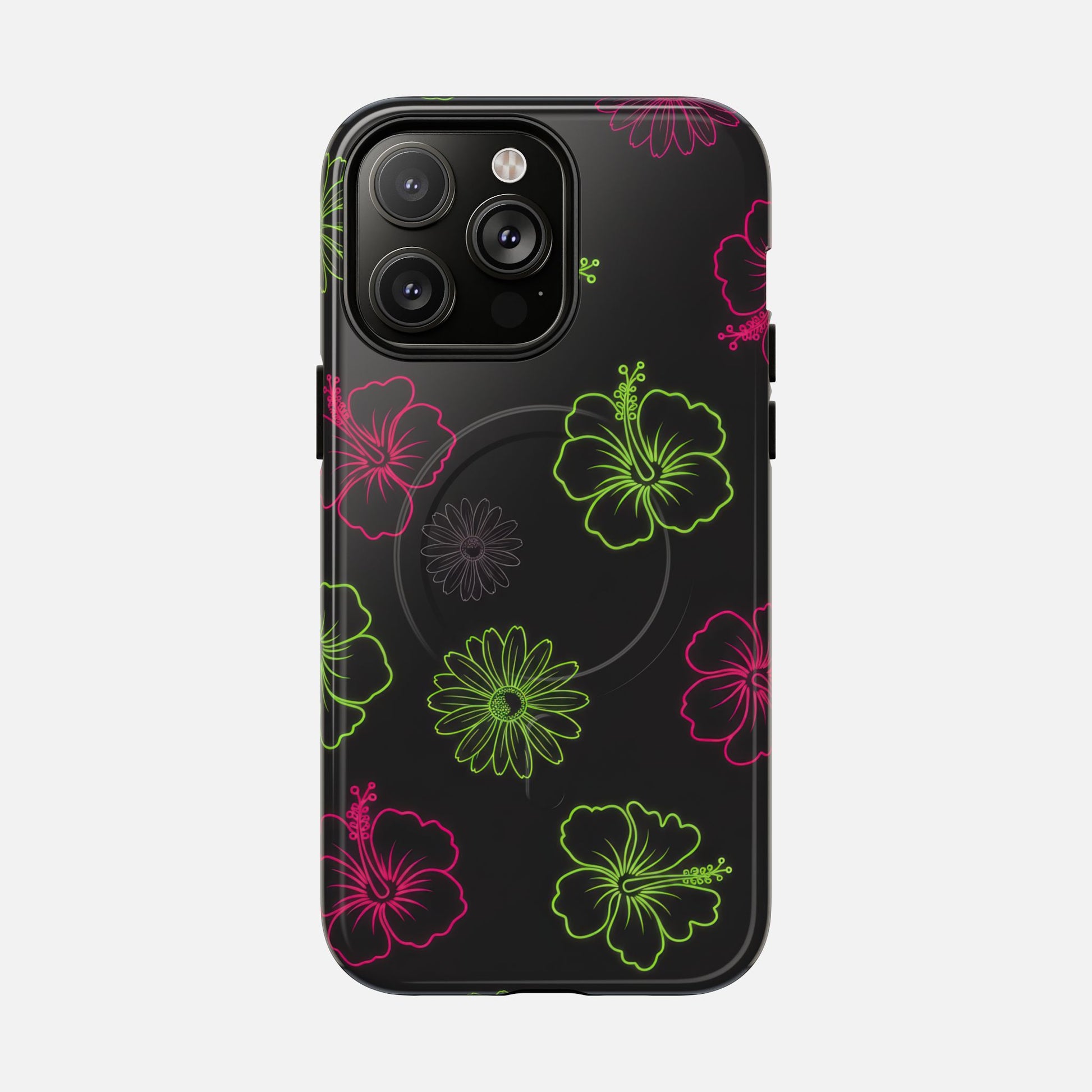 Neon Hibiscus Tough Magnetic Phone Case — Tropical Floral Protective Cover iPhone 14 Pro Max Glossy Phone Case