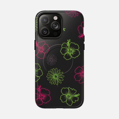 Neon Hibiscus Tough Magnetic Phone Case — Tropical Floral Protective Cover iPhone 14 Pro Max Glossy Phone Case