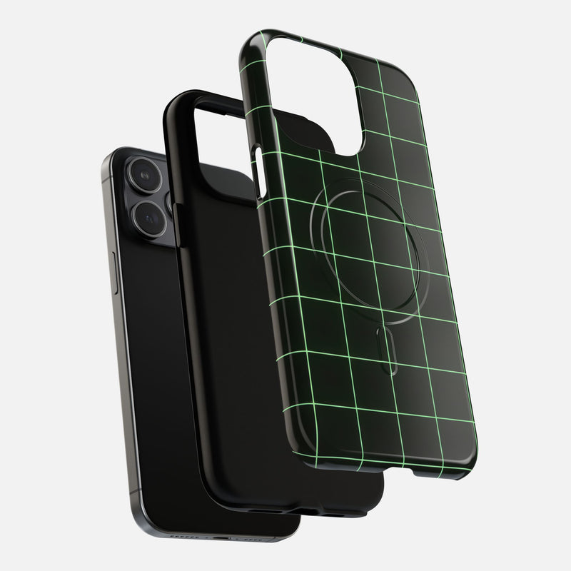 Green Grid Retro Tech iPhone Case — Tough Magnetic | MagSafe Compatible