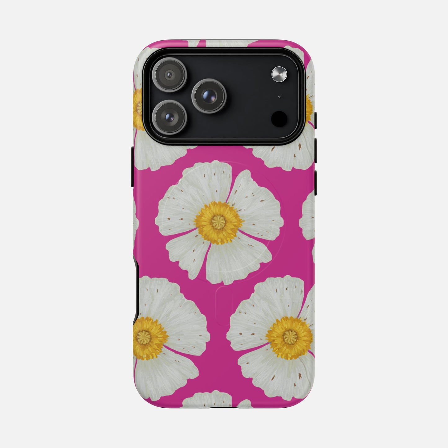 Vibrant pink phone case with white daisy flowers and yellow centers, stylish floral design for iPhone