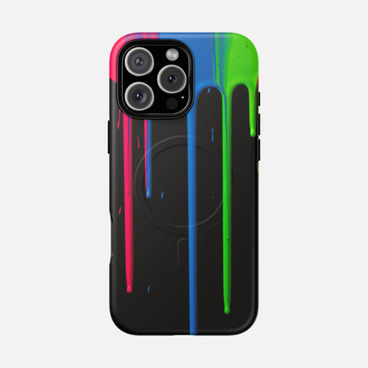 Neon Drip Tough Magnetic Case – Black Phone Cover with Bright Pink, Blue & Green Paint Drips iPhone 16 Pro Max Matte Phone Case