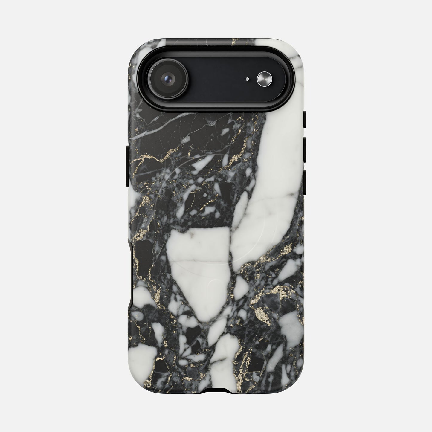 Black and white marble phone case with gold veining on smartphone, modern stylish design