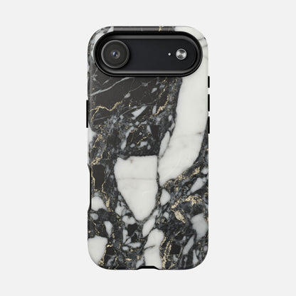 Black and white marble phone case with gold veining on smartphone, modern stylish design