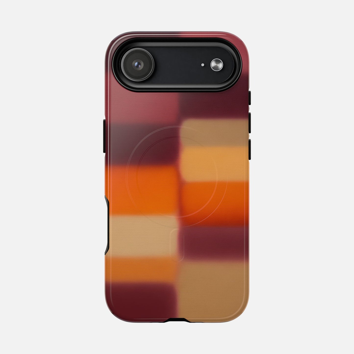 Phone case with autumn plaid pattern in red, orange, and tan hues for iPhone protection