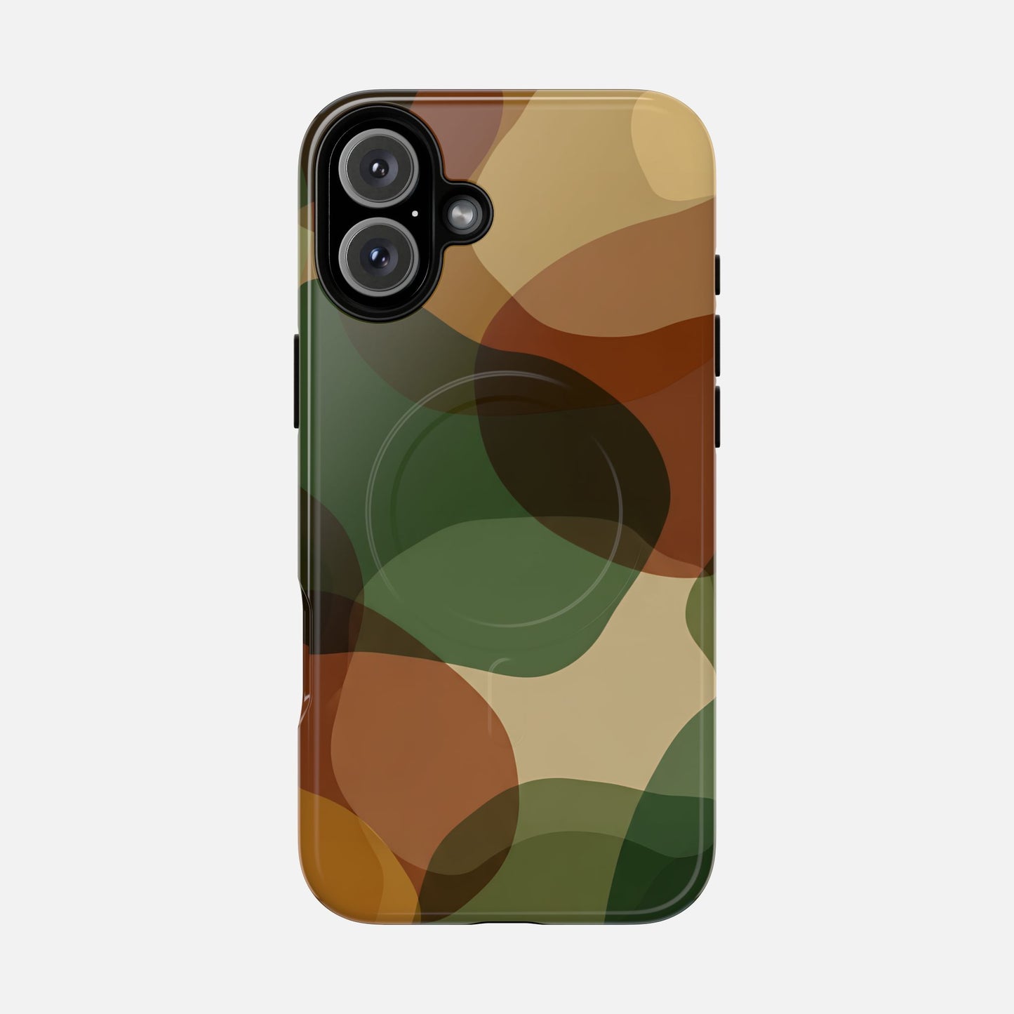 Camouflage phone case with green, brown, and tan abstract pattern for iPhone