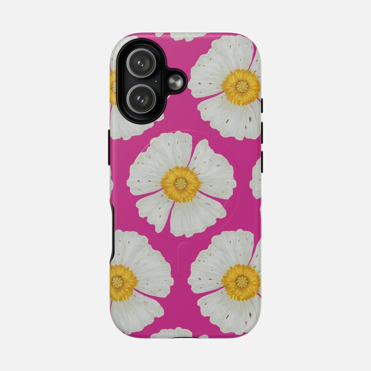 Pink phone case with white daisy flowers and yellow centers, floral design for iPhone