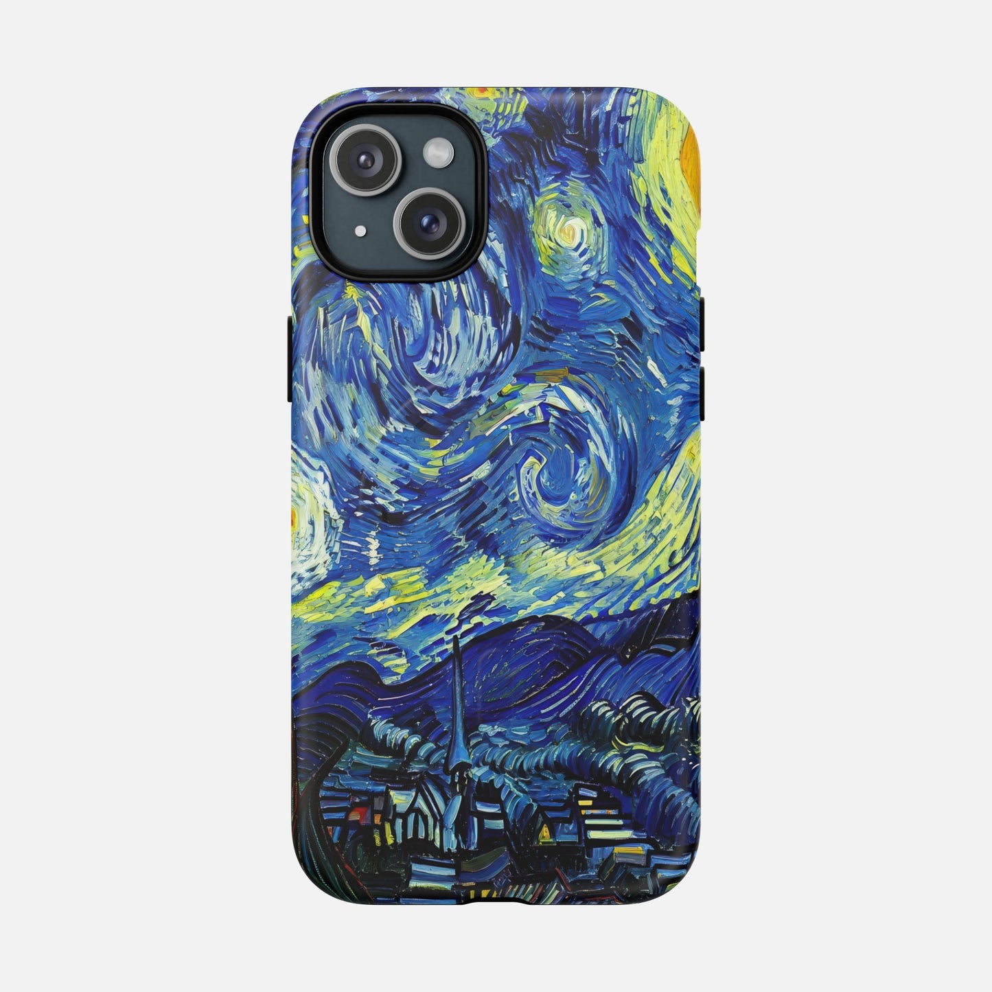 Van Gogh Starry Night phone case with swirling blue and yellow art design for iPhone