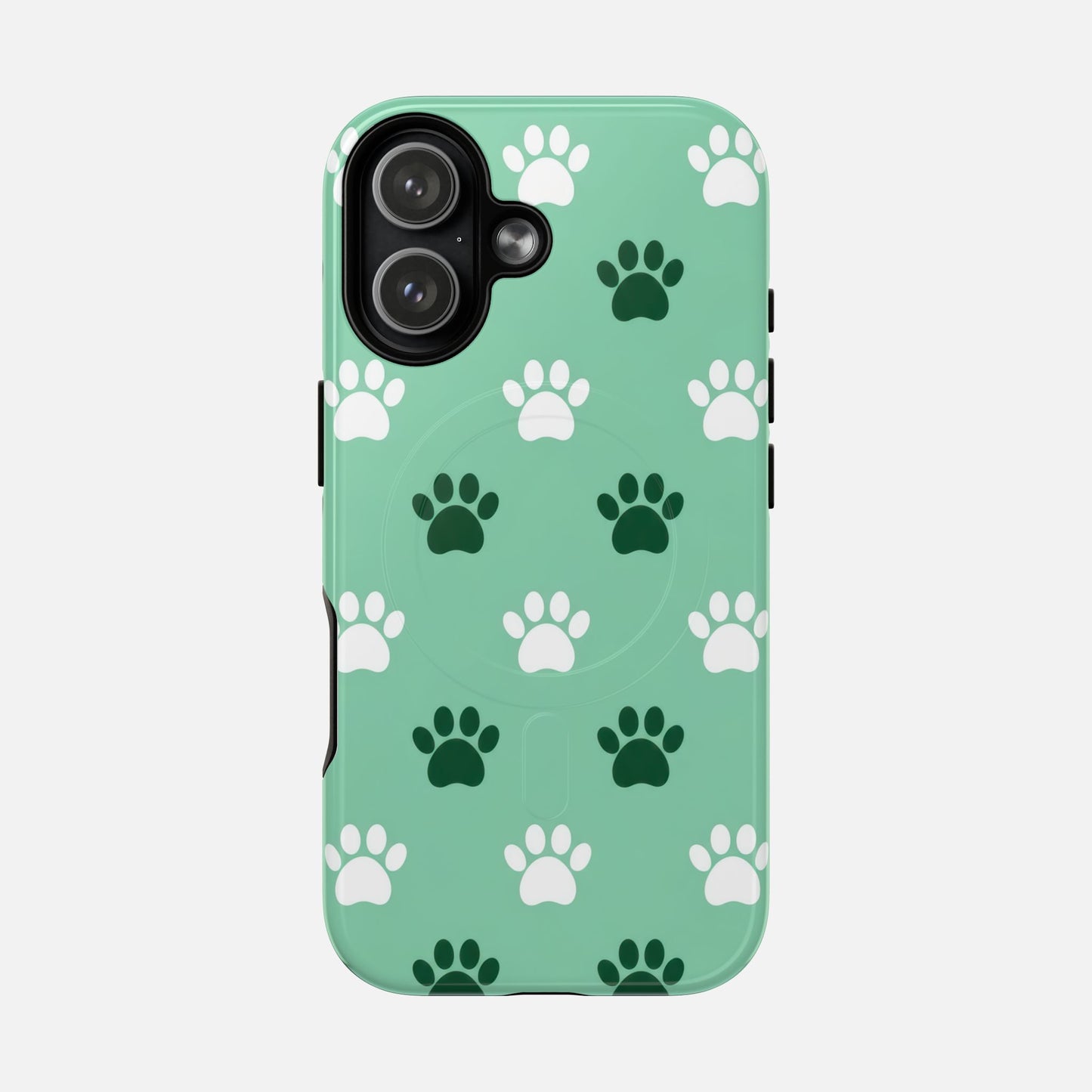 Mint green phone case with white and dark green paw print pattern, stylish pet-themed design