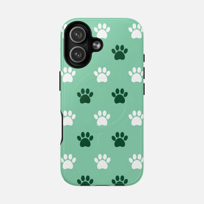Mint green phone case with white and dark green paw print pattern, stylish pet-themed design