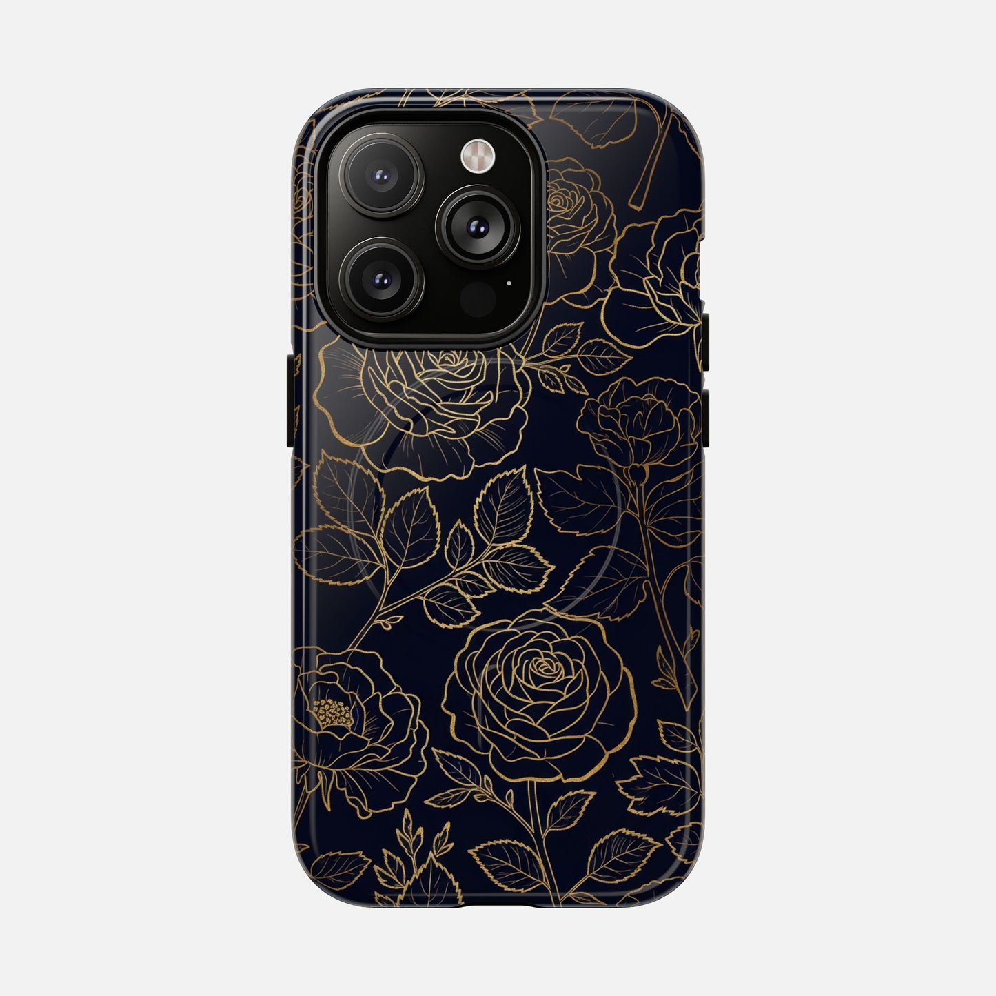 Floral Gold Outline Tough Magnetic Case — Elegant Black Rose Phone Cover iPhone 14 Pro Glossy Phone Case
