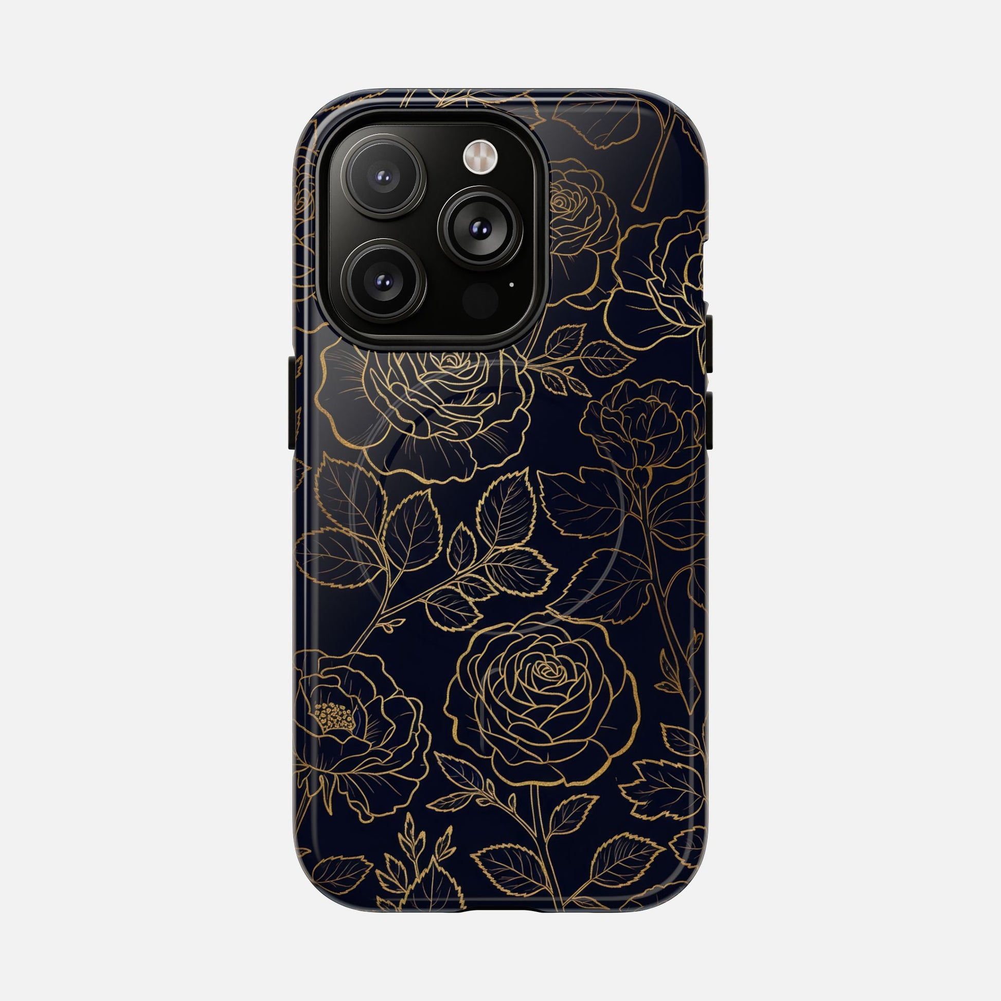 Floral Gold Outline Tough Magnetic Case — Elegant Black Rose Phone Cover iPhone 14 Pro Glossy Phone Case