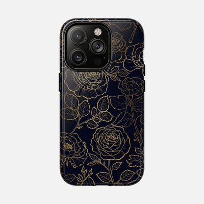 Floral Gold Outline Tough Magnetic Case — Elegant Black Rose Phone Cover iPhone 14 Pro Glossy Phone Case