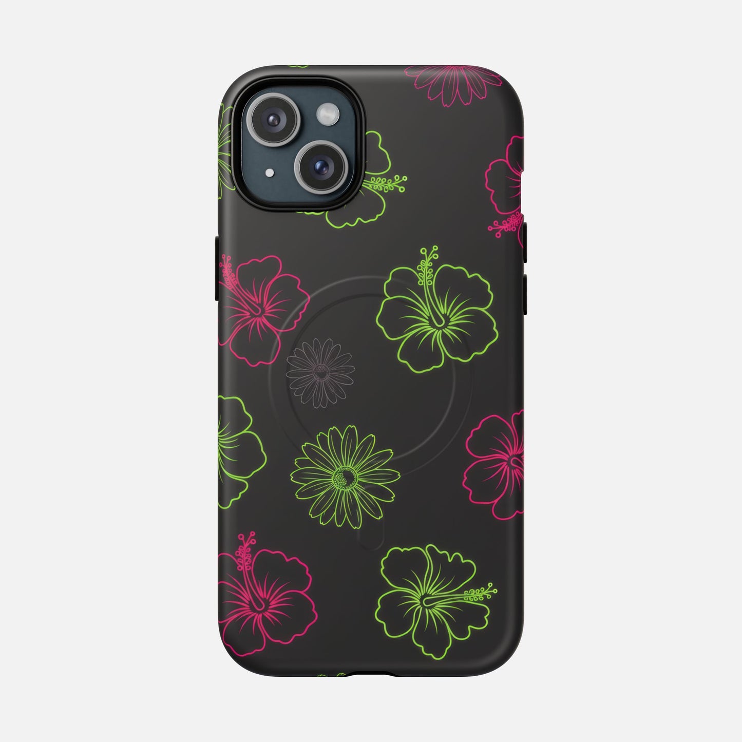 Neon Hibiscus Tough Magnetic Phone Case — Tropical Floral Protective Cover iPhone 15 Plus Matte Phone Case