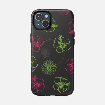 Neon Hibiscus Tough Magnetic Phone Case — Tropical Floral Protective Cover iPhone 15 Plus Matte Phone Case