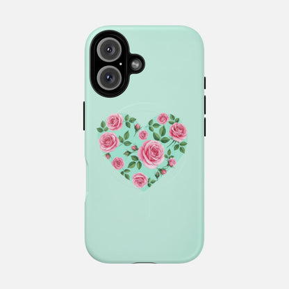 Floral Heart & Mint Rose iPhone Case — Tough Magnetic | MagSafe Compatible
