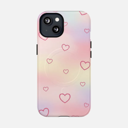 Pastel gradient phone case with pink heart pattern and pop socket, designed for iPhone models with dual camera.