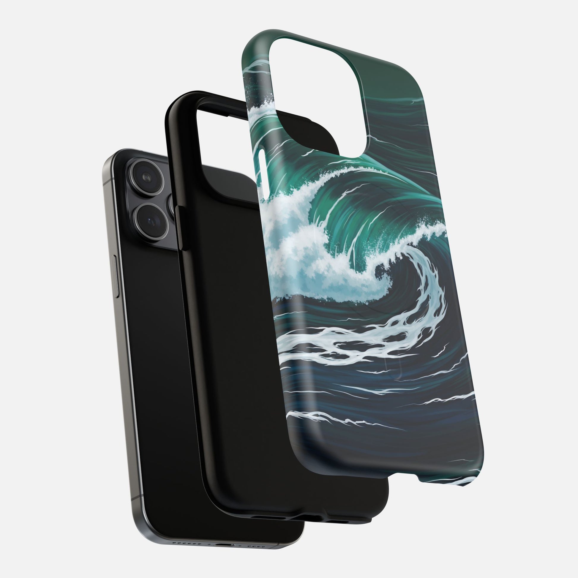 Ocean wave phone case with teal and white surf design, fits iPhone models, creative protective cover