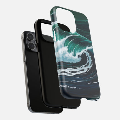Ocean wave phone case with teal and white surf design, fits iPhone models, creative protective cover