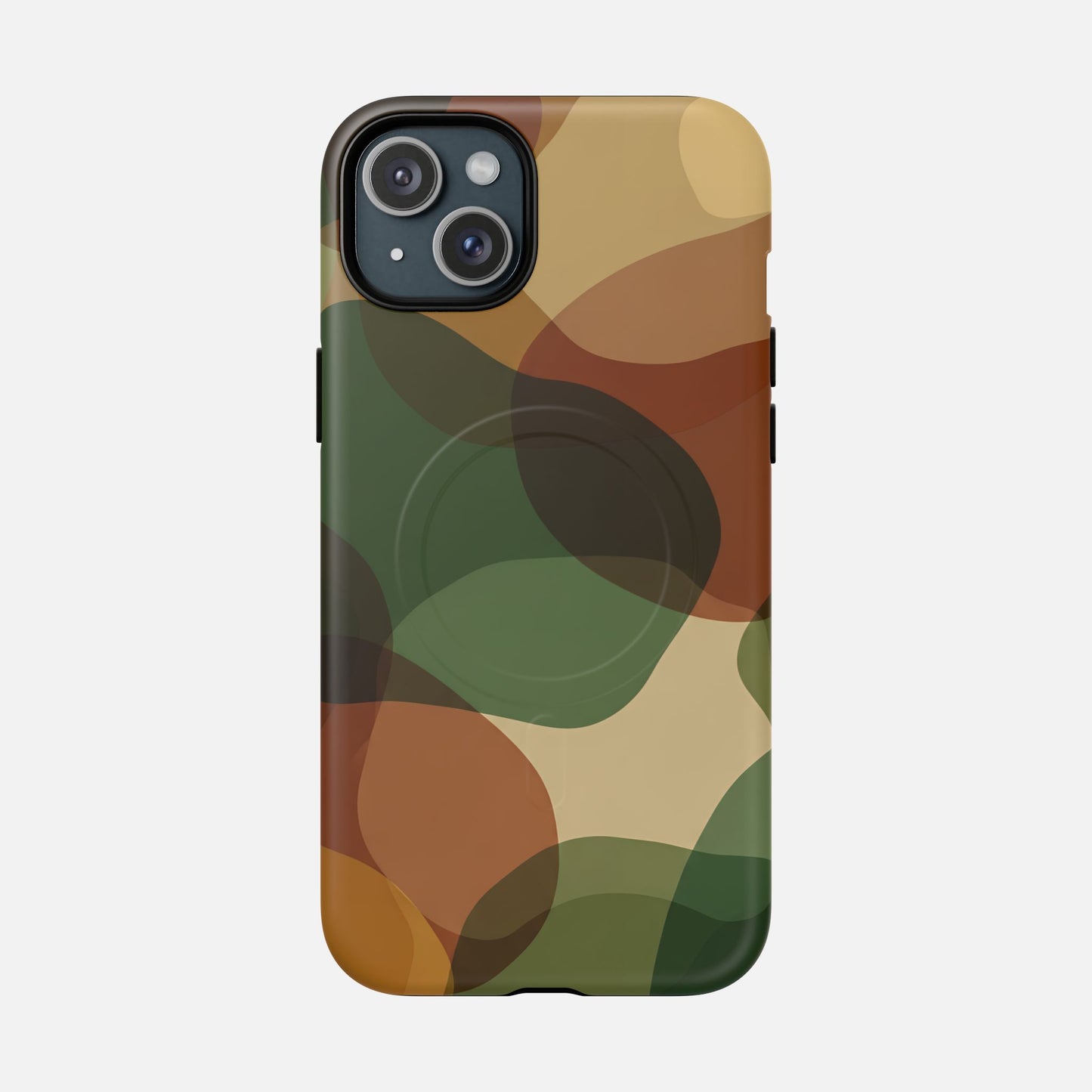 Camouflage phone case with green, brown, and tan pattern for iPhone