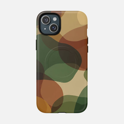Camouflage phone case with green, brown, and tan pattern for iPhone