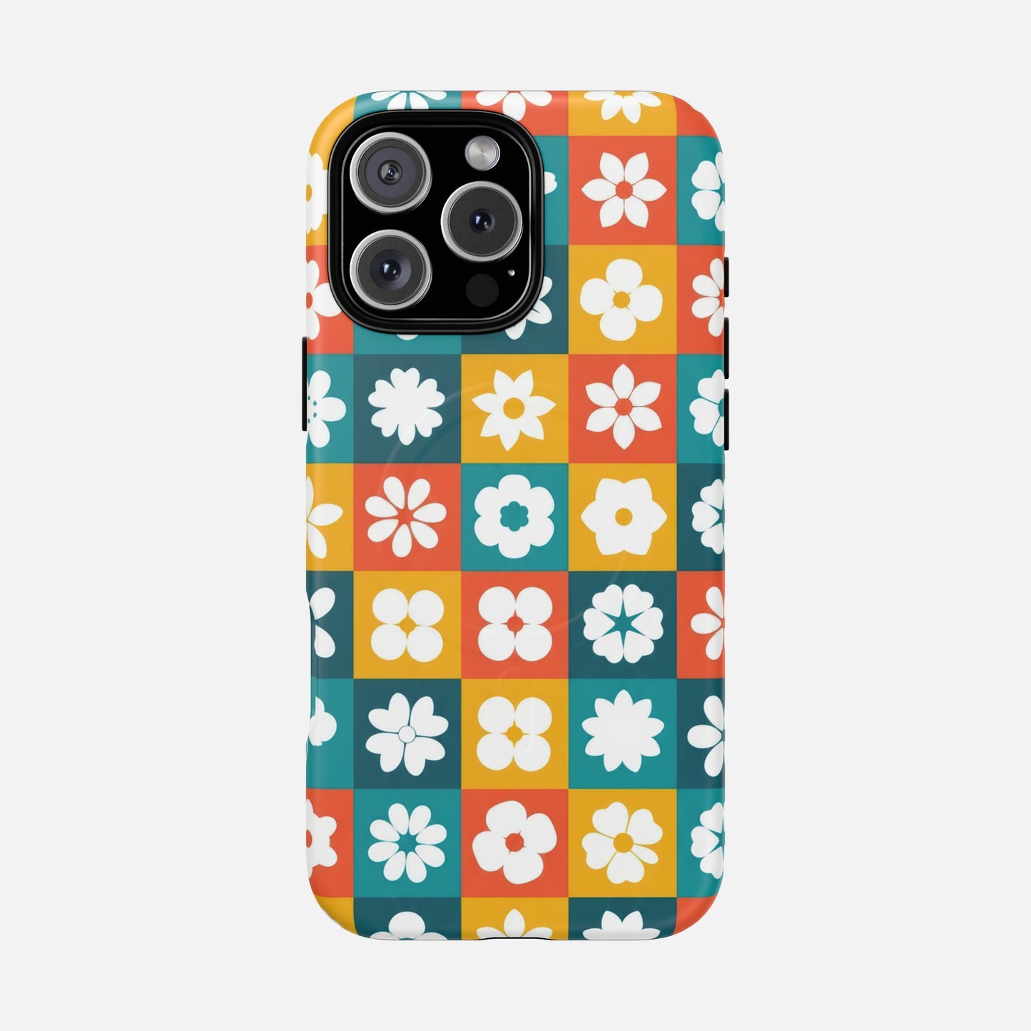 Floral Checkerboard Retro Color Block iPhone Case — Tough Magnetic | MagSafe Compatible