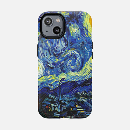 iPhone case with Van Gogh's Starry Night artwork, vibrant blue and yellow swirls, creative design