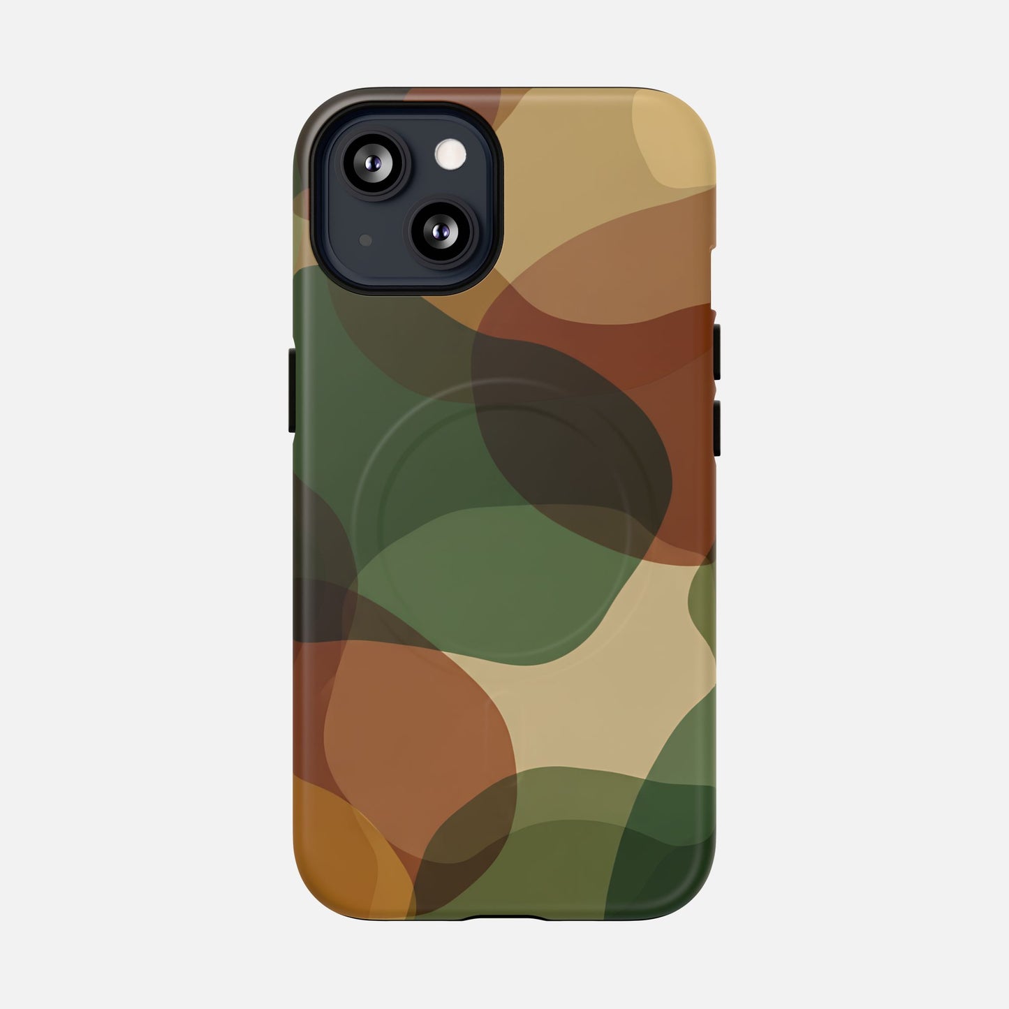 Camouflage phone case with green, brown, and tan pattern for iPhone
