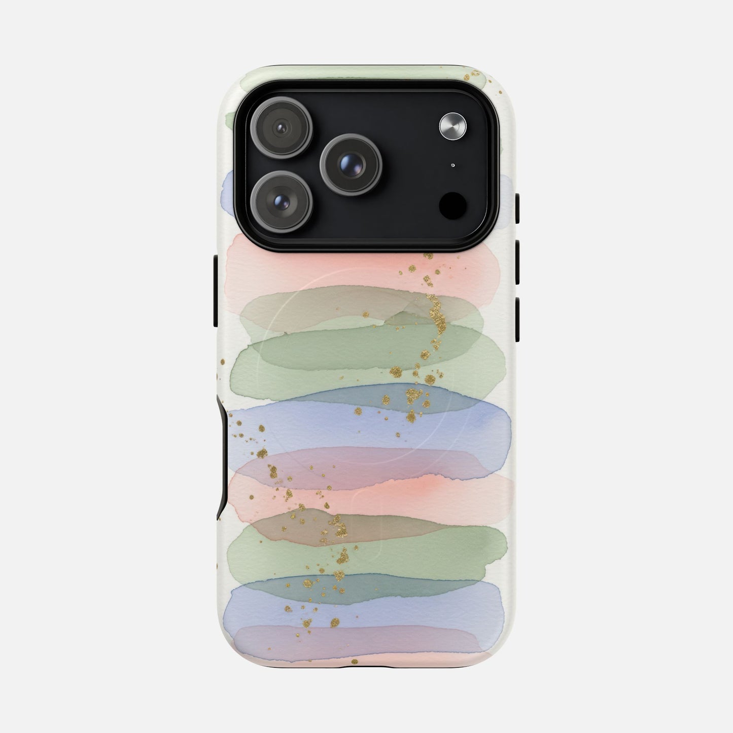 Pastel watercolor phone case with gold glitter, modern abstract design for iPhone