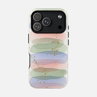 Pastel watercolor phone case with gold glitter, modern abstract design for iPhone