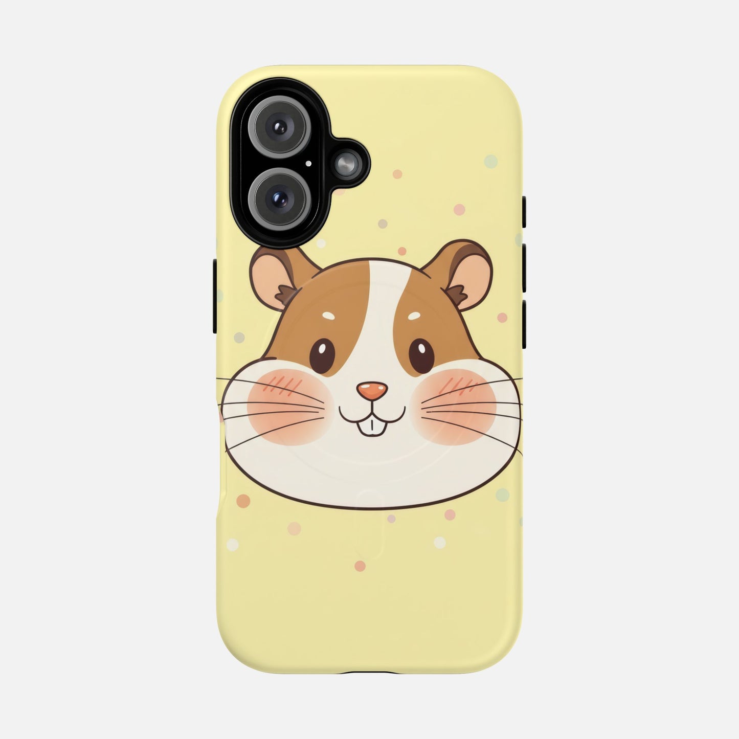 Cute hamster face phone case with pastel polka dots, playful animal design for smartphone protection