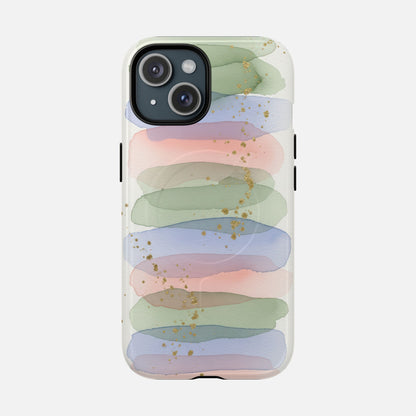 Pastel watercolor phone case with gold glitter accents, modern abstract design for iPhone