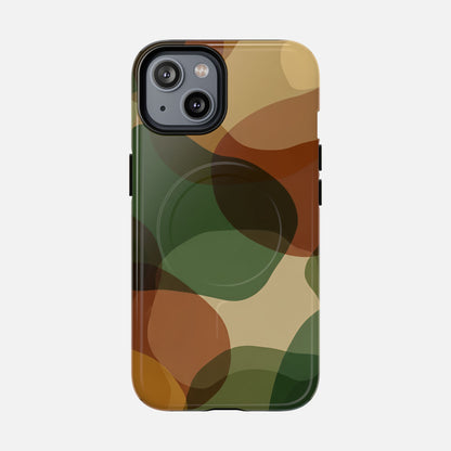 Camouflage phone case with green, brown, and tan abstract pattern for iPhone