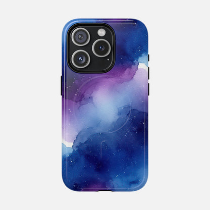 Galaxy Watercolor Tough Magnetic Phone Case — Blue Purple Nebula MagSafe Cover iPhone 15 Pro Glossy Phone Case