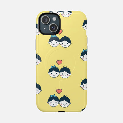 Cute Couple Pattern Yellow Heart-Faced Duo Design iPhone Case — Tough Magnetic | MagSafe Compatible