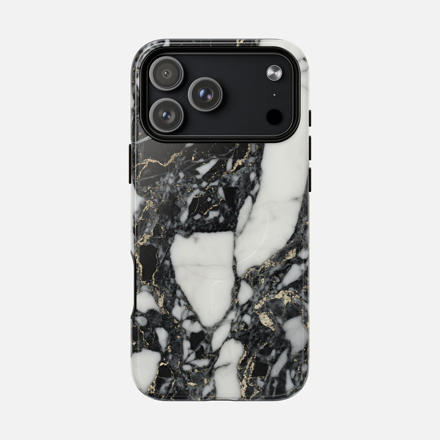 Black and white marble phone case with gold veining, modern design, camera cutout visible