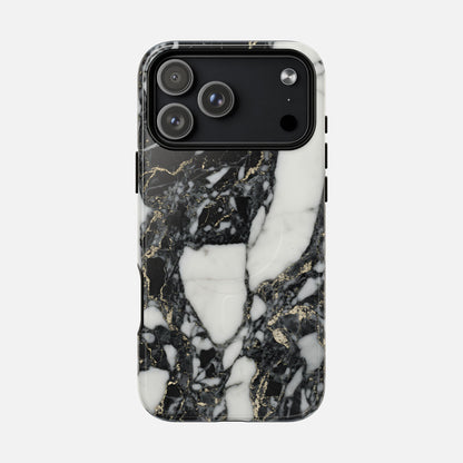 Black and white marble phone case with gold veining, modern design, camera cutout visible