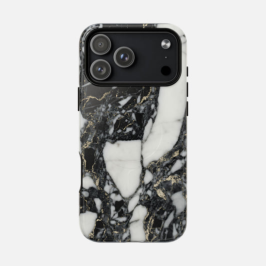 Black and white marble phone case with gold veining, modern design, camera cutout visible