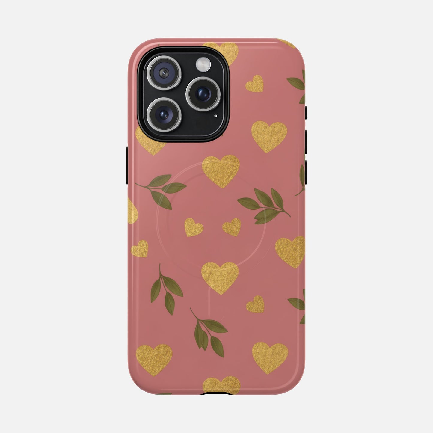 Pink phone case with gold hearts and green leaves, stylish protective cover for iPhone