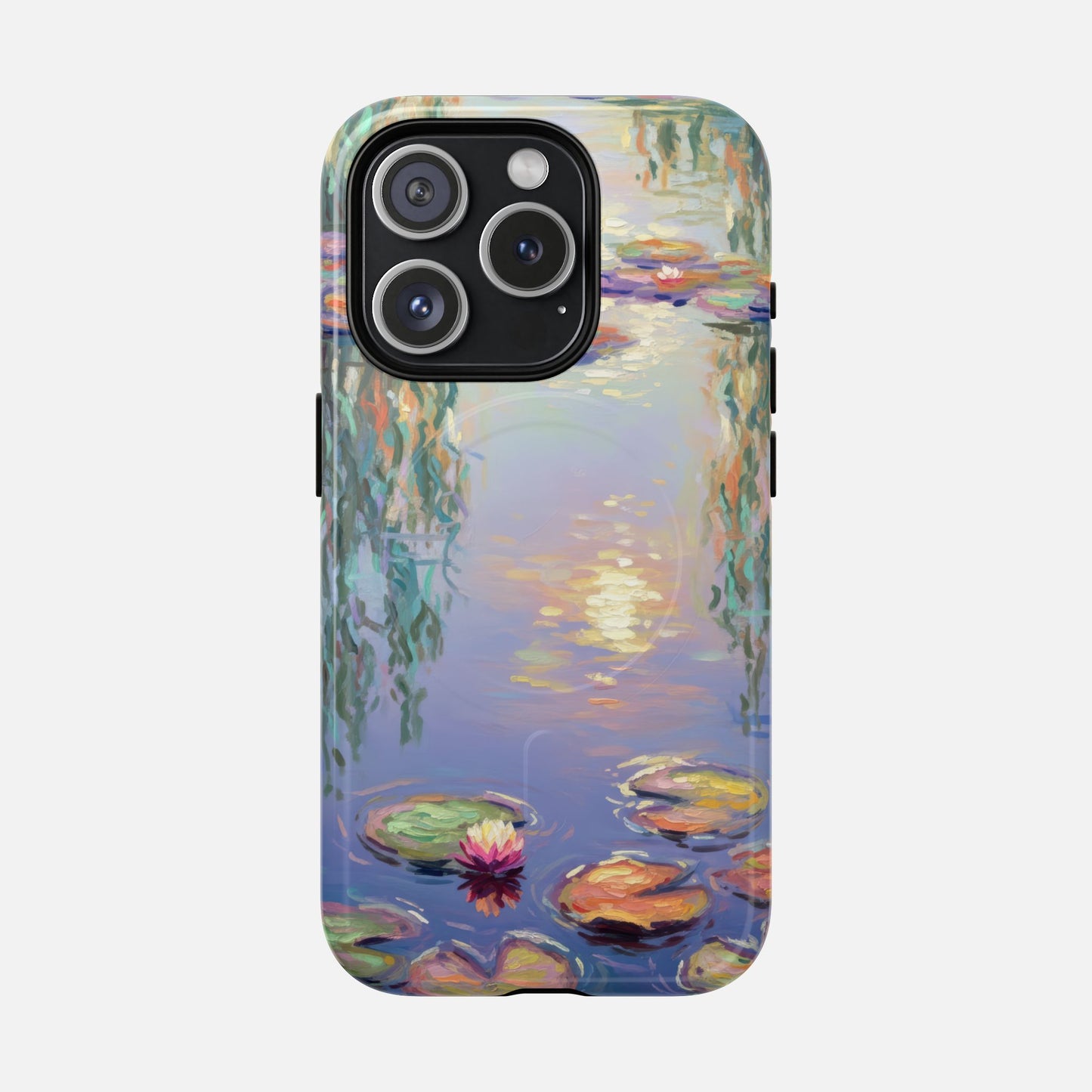 iPhone case with Monet-style water lily pond painting, artistic design for phone protection