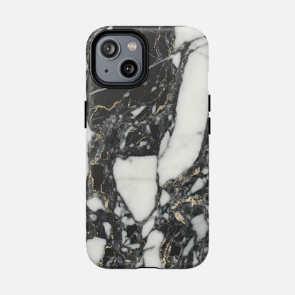 Black and white marble phone case with gold veining, modern protective cover