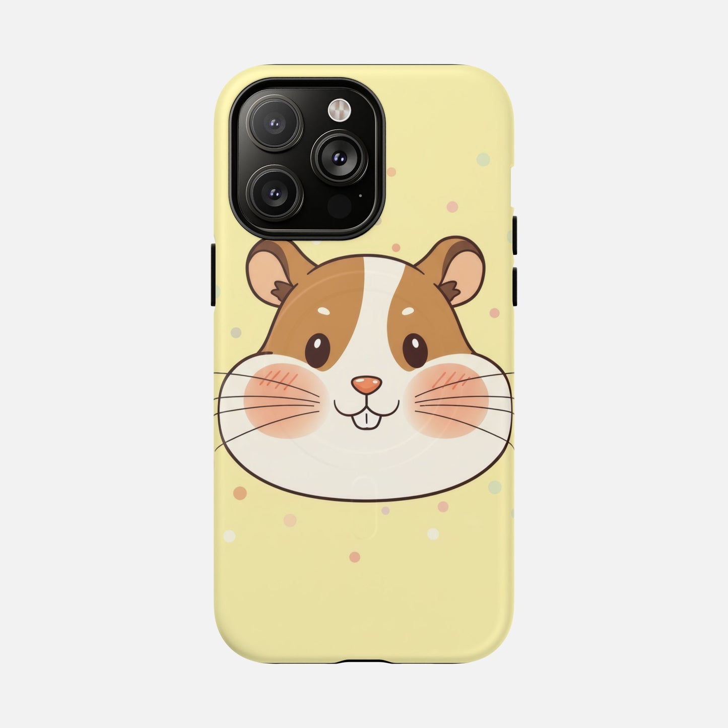 Cute hamster design phone case with pastel yellow background and polka dots