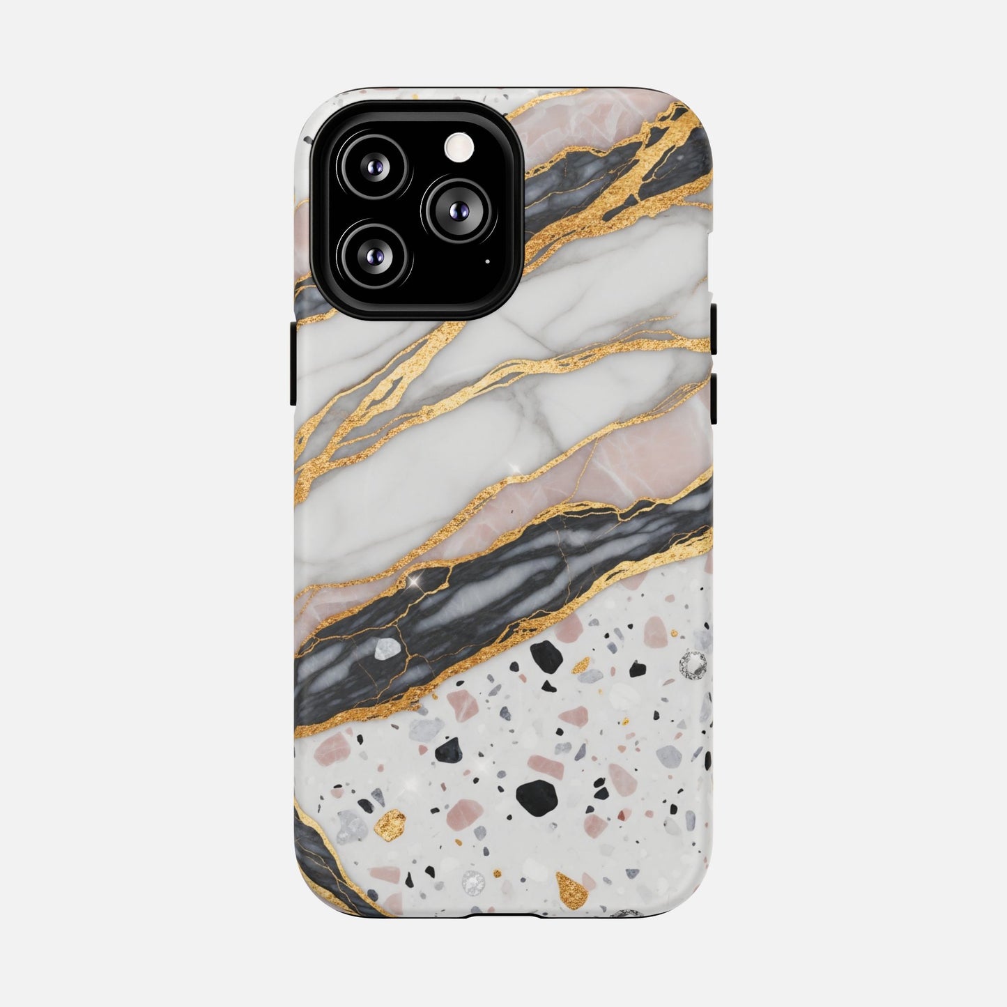 Elegant marble and gold phone case with terrazzo pattern, stylish protection for iPhone