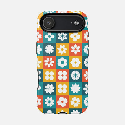 Floral Checkerboard Retro Color Block iPhone Case — Tough Magnetic | MagSafe Compatible