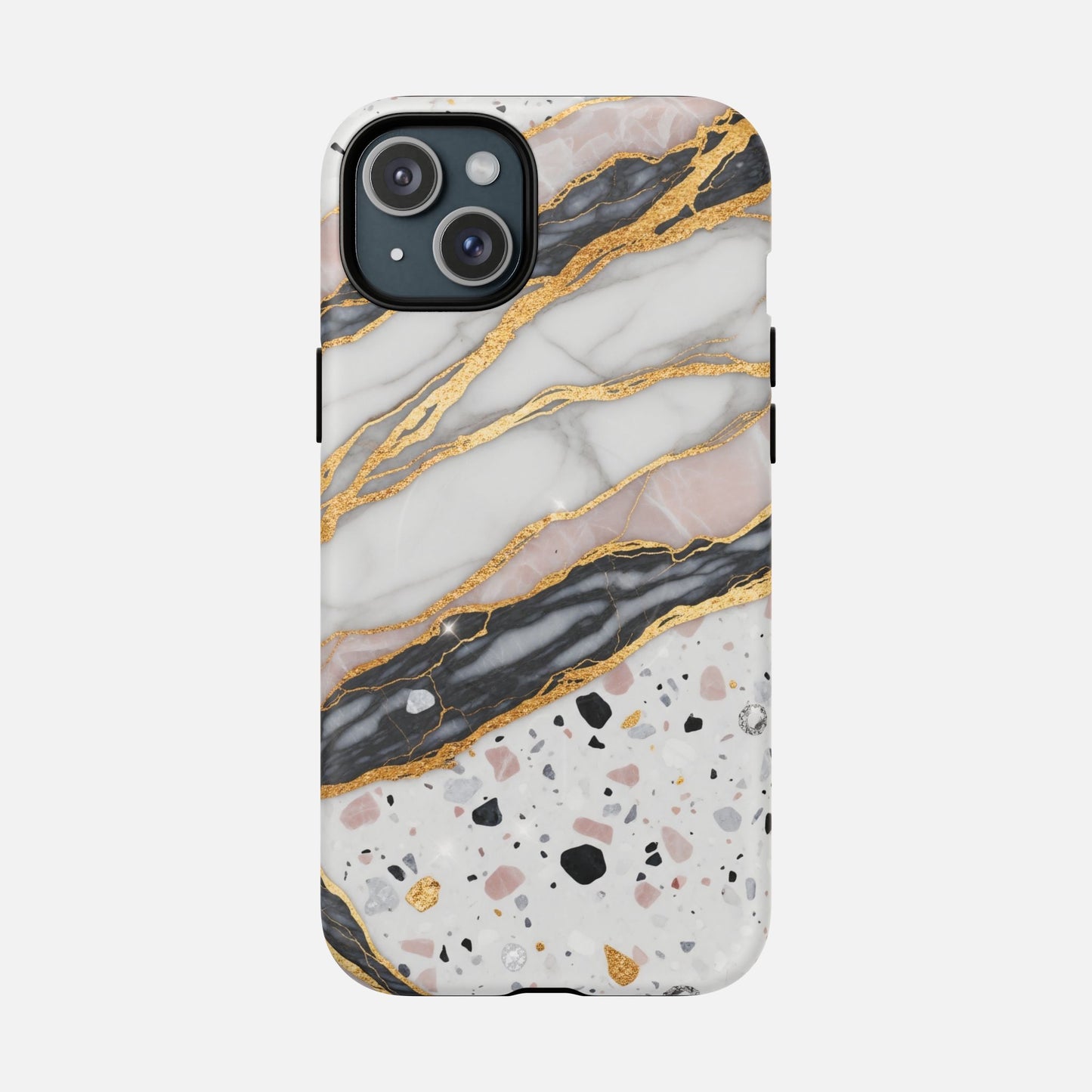 Marble and terrazzo phone case with gold accents, modern design for iPhone protection