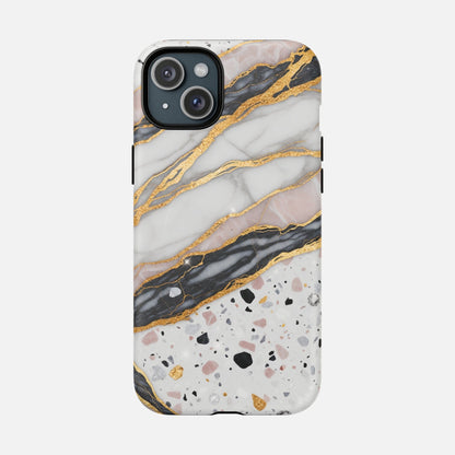 Marble and terrazzo phone case with gold accents, modern design for iPhone protection