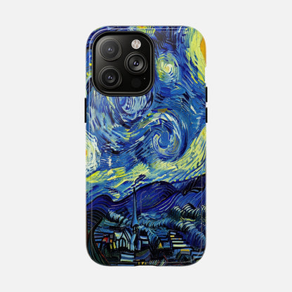 iPhone case with Van Gogh's Starry Night artwork, blue and yellow swirling design, creative phone protection