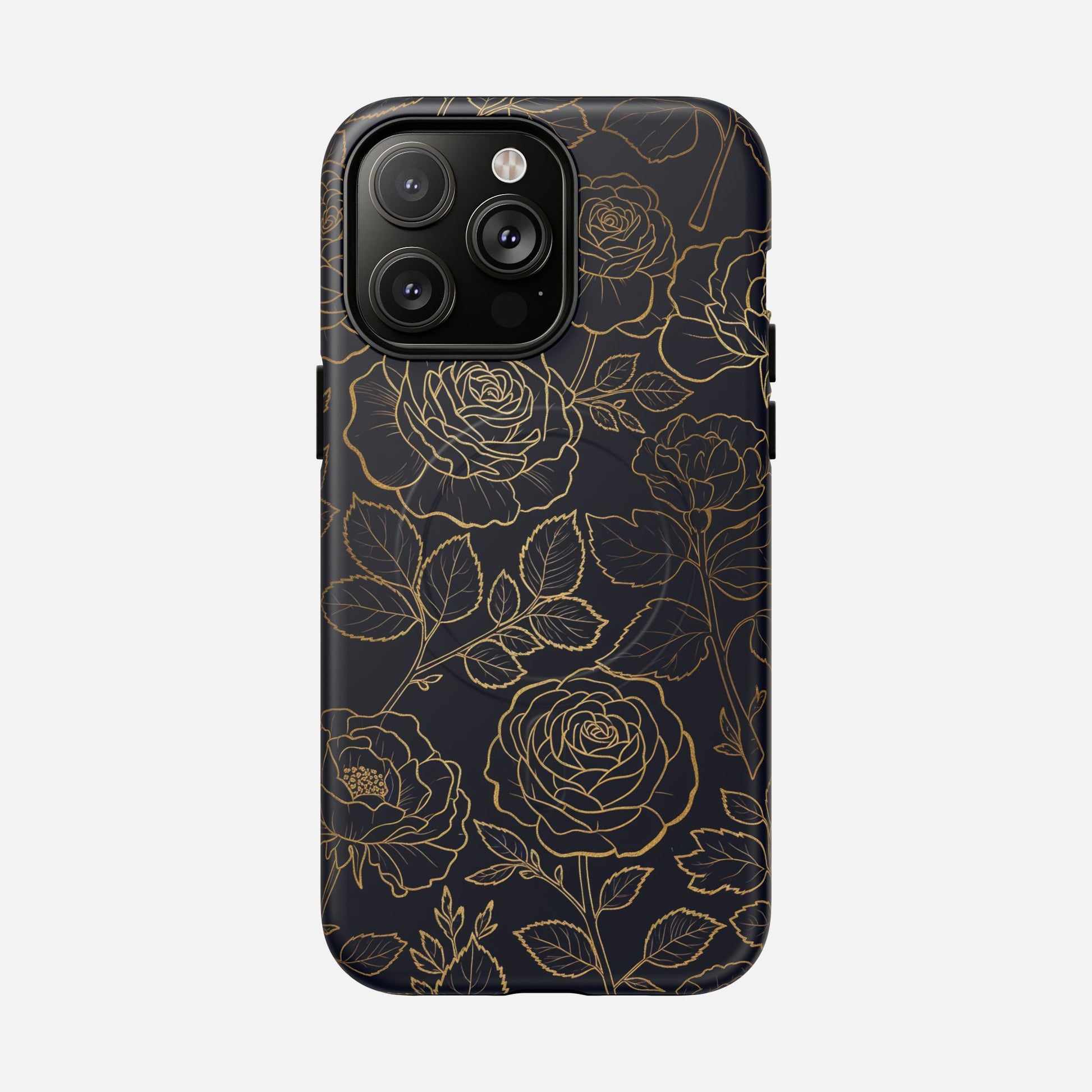 Floral Gold Outline Tough Magnetic Case — Elegant Black Rose Phone Cover iPhone 14 Pro Max Matte Phone Case