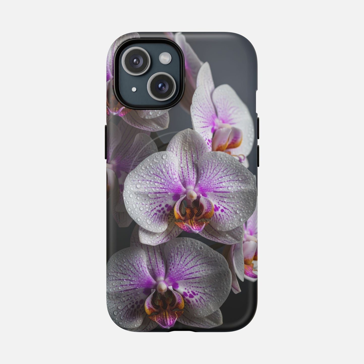 Orchid Bloom Tough Magnetic Phone Case — Waterdrop Floral Protection iPhone 15 Matte Phone Case