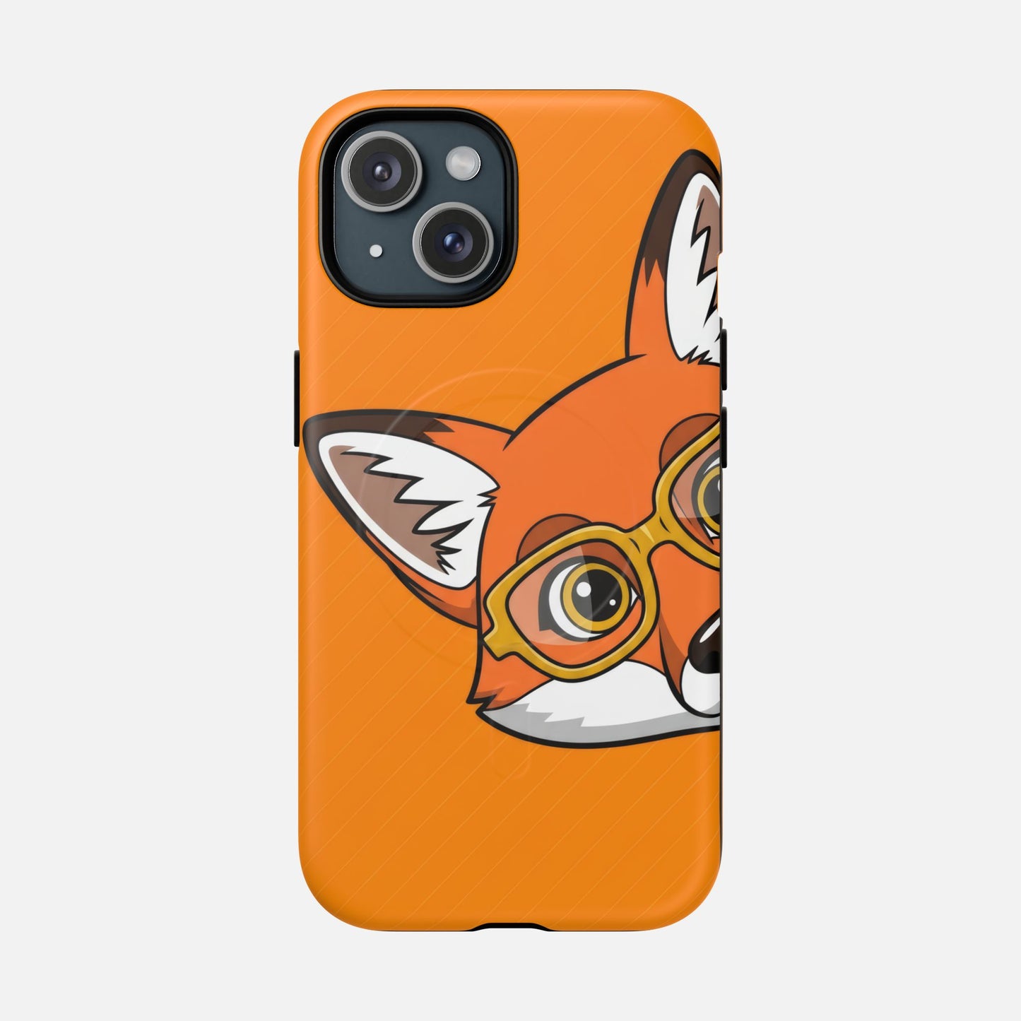 Cute fox with glasses phone case, orange background, creative design for iPhone